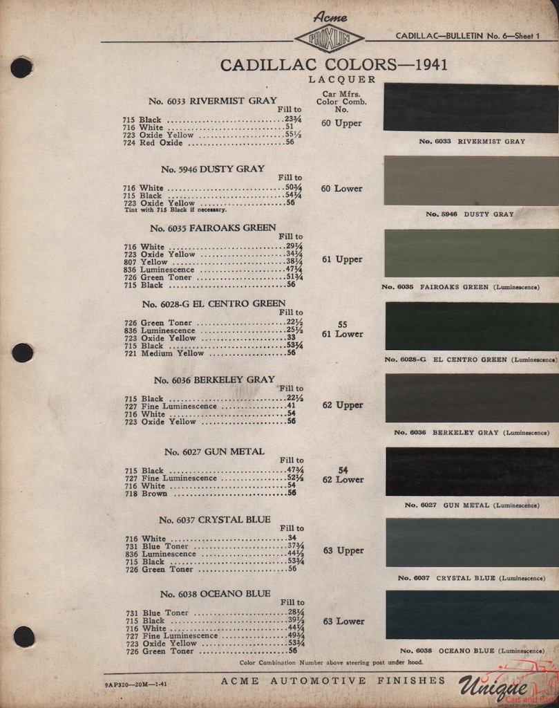 1941 Cadillac Paint Charts Acme 1